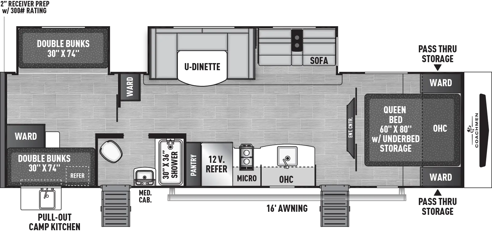 The 31SE has two slideouts and two entries. Exterior features front pass-thru storage, 16 foot awning, and pull-out camp kitchen. Interior layout front to back: foot-facing queen bed with overhead cabinet and wardrobes on each side; island entertainment center; off-door side slideout with sofa, overhead cabinet, and u-dinette, and a wardrobe; door side entry, kitchen counter with sink, overhead cabinet, microwave, cooktop, refrigerator and pantry; door side full bathroom with second entry; rear bunk room with off-door side double bunk slideout, and door side wardrobe and double bunks.